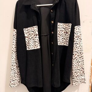 Black Corduroy Shirt with Leopard Print Sleeves